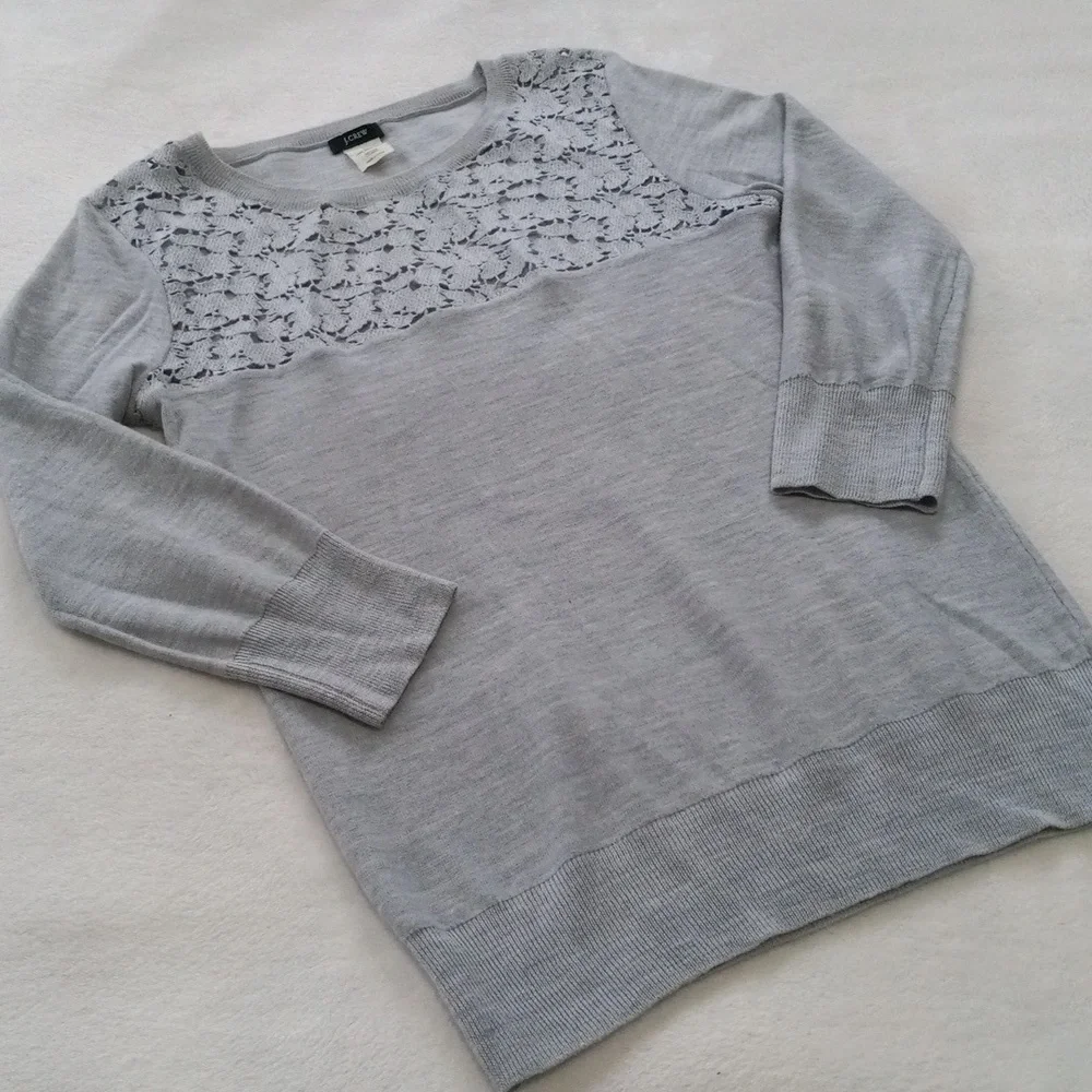 J. Crew Heather Grey Merino Wool Sweater with Floral Chest Cutouts